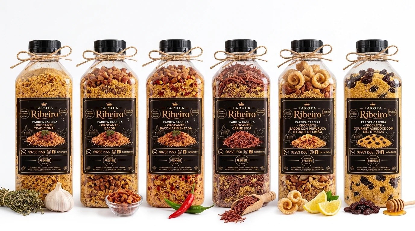 Linha completa de farofas Ribeiro em garrafas de 1 litro, com seis sabores